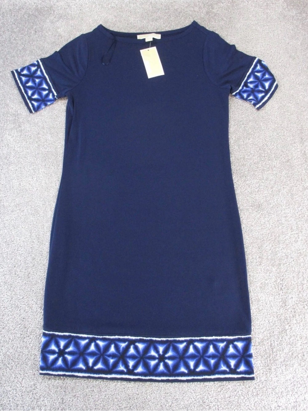 NWT Michael Kors Blue Short-Sleeve Casual Shift Dress with Patterned Hem Sz XS